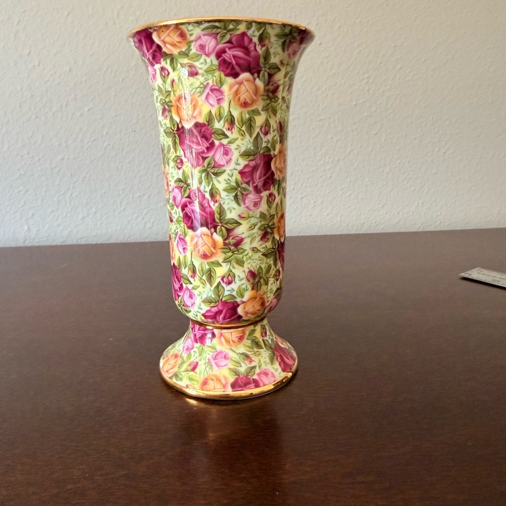 Royal Albert Pink and Orange Floral Vase with Gold Trim